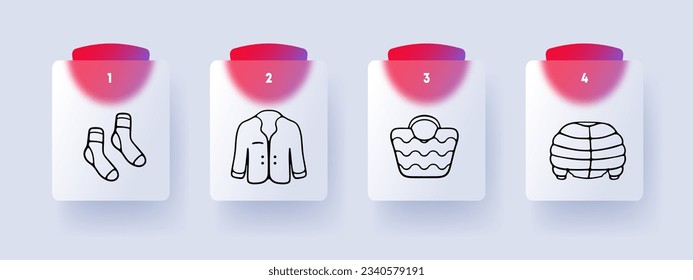 Clothes line icon. Socks, bag, jacket, outerwear, down jacket, suit. Glassmorphism style. Vector line icon