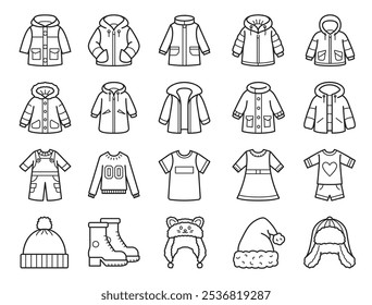 Clothes Line Icons Set. Outline symbols collection. Jacket, hat, boots, sweater, dress, t-shirt and other. Simple vector illustration.