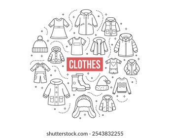 Conjunto de iconos de línea de ropa. Colección de símbolos de contorno en una composición circular. Chaqueta, sombrero, botas, suéter, vestido, camiseta y otros. Ilustración vectorial. 