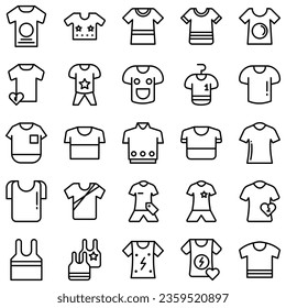 Clothes line icons set. Sweatshirt, hoody, pullover, bathing suit, jacket, sundress, cardigan, trousers visualization vector illustration. Outline fashion clothing signs. Editable stroke