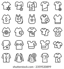 Clothes line icons set. Sweatshirt, hoody, pullover, bathing suit, jacket, sundress, cardigan, trousers visualization vector illustration. Outline fashion clothing signs. Editable stroke