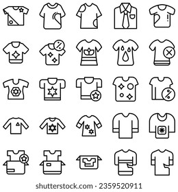 Clothes line icons set. Sweatshirt, hoody, pullover, bathing suit, jacket, sundress, cardigan, trousers visualization vector illustration. Outline fashion clothing signs. Editable stroke