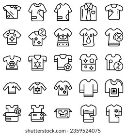 Clothes line icons set. Sweatshirt, hoody, pullover, bathing suit, jacket, sundress, cardigan, trousers visualization vector illustration. Outline fashion clothing signs. Editable stroke