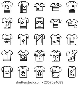 Clothes line icons set. Sweatshirt, hoody, pullover, bathing suit, jacket, sundress, cardigan, trousers visualization vector illustration. Outline fashion clothing signs. Editable stroke