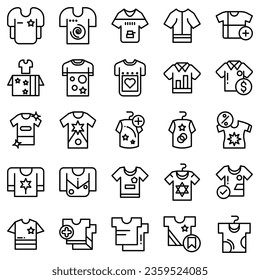 Clothes line icons set. Sweatshirt, hoody, pullover, bathing suit, jacket, sundress, cardigan, trousers visualization vector illustration. Outline fashion clothing signs. Editable stroke