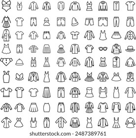 Clothes line icons set. Sweatshirt, hoody, pullover, bathsuit, jacket, evening dress, cardigan, trousers visualization vector illustration. Outline signs of fashion apparel. Editable Stroke.......