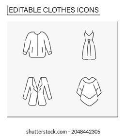 Clothes line icons set. Trendy outfits. Bomber jacket, drawstring dress, mucho poncho and blazer. Fashionable clothing. Shopping concept. Isolated vector illustration. Editable stroke