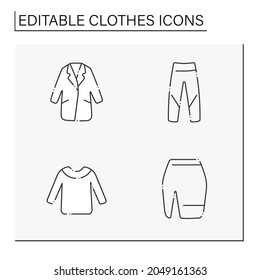 Clothes line icons set. Trendy outfits. Coat, jeans, mini skirt and sweater. Fashionable clothing. Shopping concept. Isolated vector illustration. Editable stroke