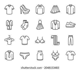 Clothes line icons. T-shirt, Footwear and bathrobe icons. Hoody sweatshirt, T-shirt with hanger and suit. Skirt, Women dress and high heels shoes. Socks, panties with bra and bathrobe. Vector