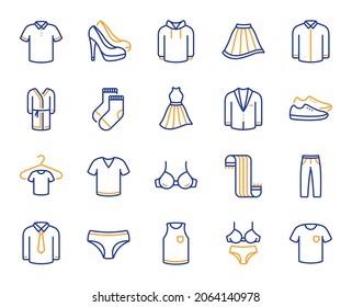 Clothes line icons. T-shirt, Footwear and bathrobe icons. Hoody sweatshirt, T-shirt with hanger and suit. Skirt, Women dress and high heels shoes. Socks, panties with bra and bathrobe. Vector