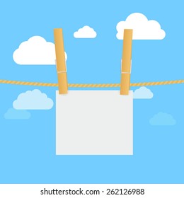 Clothes line, pegs and blank paper cards on blue sky background. Vector Illustration 