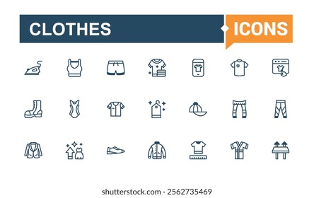 Clothes linear icon. Contains related to out, jeans, outerwear, hoody, pant, sweater, top, fashion. Minimal icons. Solid line editable vector illustration.