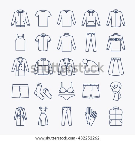 Clothes linear icons. Vector outline clothes icons on white background