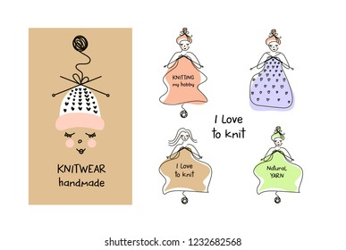 Clothes logo template. Knitwear handmade. Woman hobby. Freehand drawn silhouette face girl. Knit and Crochet.   