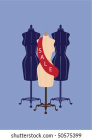 Clothes Mannequins on a blue background, with a red sash with "sale" text on it. The sash and text could be removed and are on separate layers to the mannequins.