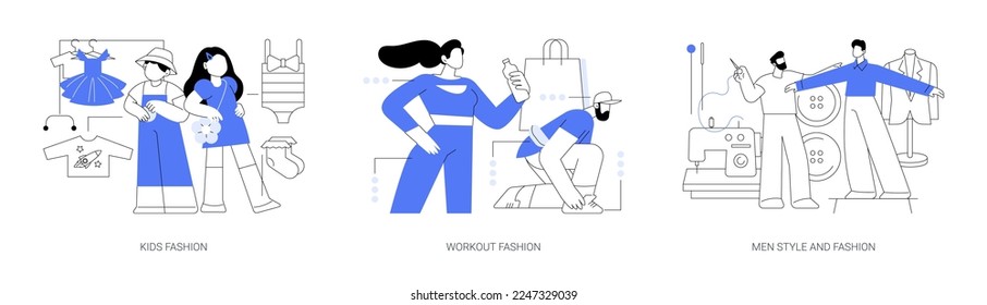 Clothes market abstract concept vector illustration set. Kids fashion, workout and men style clothing, showroom, fashion industry, sportswear brand, men tailor shop, accessories abstract metaphor.