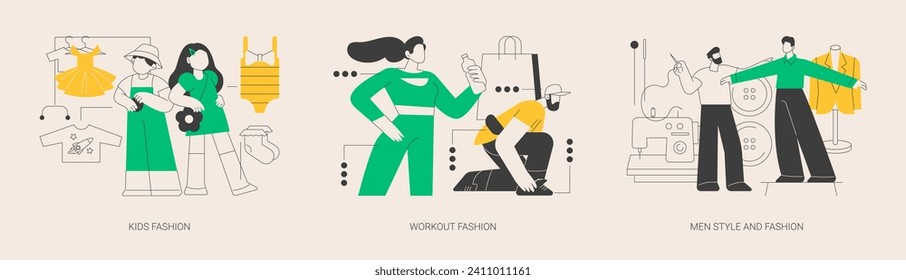 Clothes market abstract concept vector illustration set. Kids fashion, workout and men style clothing, showroom, fashion industry, sportswear brand, men tailor shop, accessories abstract metaphor.