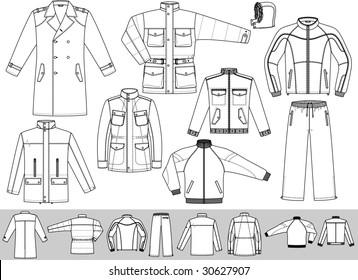 The clothes for men consist of a raincoat, a jacket and a sports suit.