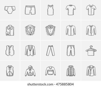 Ropa para hombres dibuja un conjunto de iconos para web, móvil e infografía. Juego de iconos de la ropa dibujada a mano para hombres. Juego de iconos vectoriales para hombres. Icono de ropa para hombres aislado en fondo blanco.