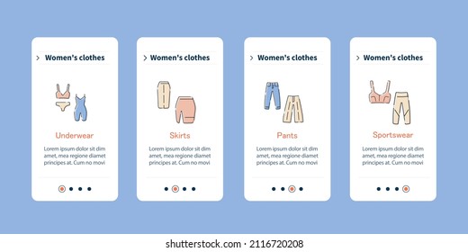  Clothes mobile app screens. Trendy underwear, skirts, pants and sportwear. Fashionable clothing steps menu. Shopping. Set of UI, UX, web template with RGB color linear icons