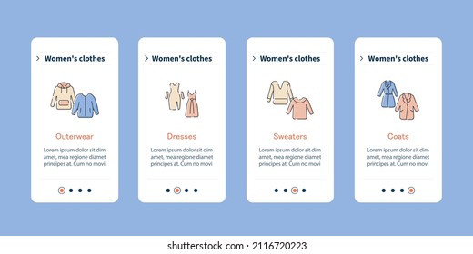 Clothes mobile app screens. Trendy outwear, dresses, sweaters, coats clothing. Fashionable clothing steps menu. Set of UI, UX, web template with RGB color linear icons