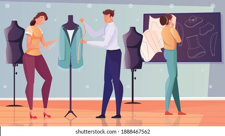 Clothes modeling flat background with fashion designers developing new models of cloth vector illustration
