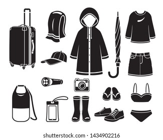 Clothes And Necessities For Rainy Season Travel Trip Monochrome, Voyage, Vacationing