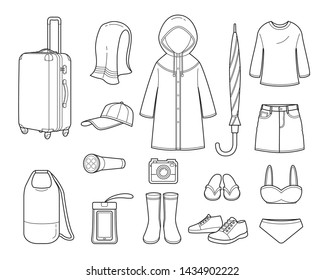 Clothes And Necessities For Rainy Season Travel Trip Outline, Voyage, Vacationing