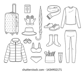 Clothes And Necessities For Winter Season Travel Trip Outline, Voyage, Vacationing