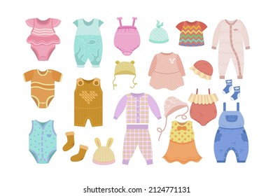 Clothes for newborn boy and girl cartoon illustration set. Cute colorful pants, shirts, dresses, overall, onesie, bonnets, socks for children isolated on white background. Babys apparel concept