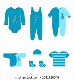 Clothes for newborn boys on white isolated background. Template for the decor of a store, a poster, an album. Vector illustration.