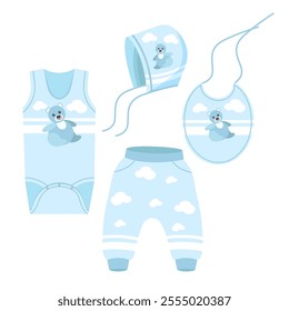 Clothes for newborns in blue tones, isolated on a white background.Vector set of clothes for small children.