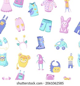 Clothes for newborns. Children's clothing for boys and girls. Pattern consisting of overalls, T-shirts, dresses, overalls, bodysuits, toys. Vector illustration