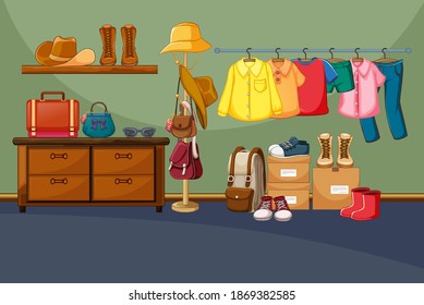 Clothes on a clothesline with accessories in the room scene illustration