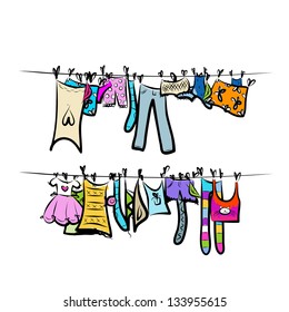 Clothes On The Clothesline. Sketch For Your Design