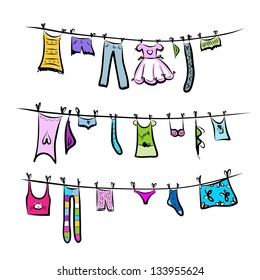 Clothes On The Clothesline. Sketch For Your Design