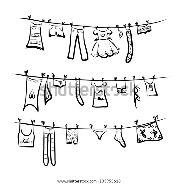 Clothes On Clothesline Sketch Your Design Stock Vector (Royalty Free