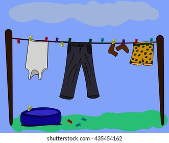 Clothes On A Clothesline. Vector Illustration. Sketch. Color Doodle.