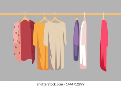 Clothes on hanger flat vector illustration. Stylish casual apparel hanging on trempels. Fashionable everyday outfits, dresses, t shirts and blouses. Wardrobe, fashion boutique, dressing room element