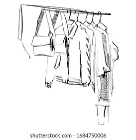 Clothes on hanger. Hand drawn fashion sketch. Wardrobe