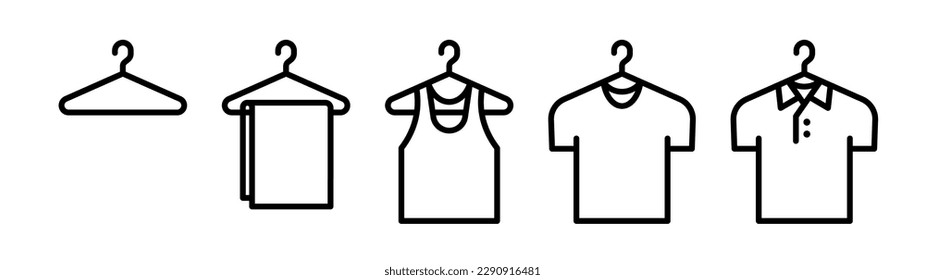 Clothes on hanger icon set. Tank top, T-shirt, polo shirt and towel.