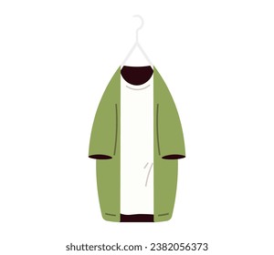 Clothes on hanger. Storage of men and women garments on hangers, apparel hanging on rack, wardrobe inner space flat vector concept. Jacket, coat, casual hoodie and trendy tshirt, pullover hanging