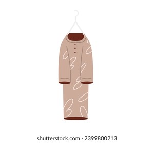 Clothes on hanger. Storage of men and women garments on hangers, apparel hanging on rack, wardrobe inner space flat vector concept. Jacket, coat, casual hoodie and trendy tshirt, pullover hanging