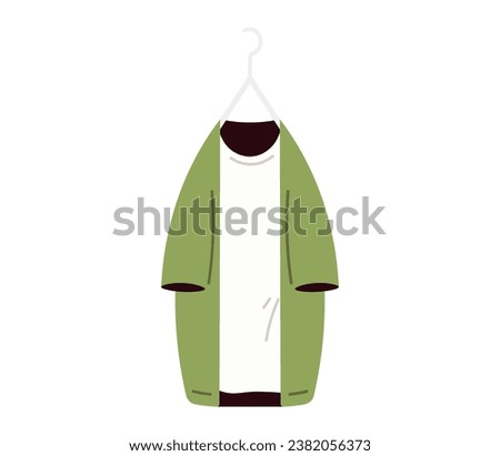 Clothes on hanger. Storage of men and women garments on hangers, apparel hanging on rack, wardrobe inner space flat vector concept. Jacket, coat, casual hoodie and trendy tshirt, pullover hanging
