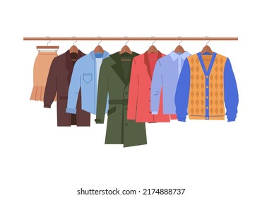 clothes on hangers. casual outfit male and female wardrobe dress jackets and pants. Vector cartoon illustrations