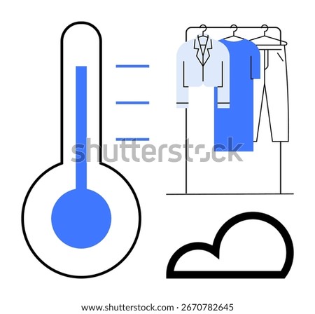 Clothes on hangers drying on a rack next to a thermometer and cloud icon. Ideal for weather, laundry, drying process, home chores, temperature effects, outdoor activities, climate impact. Line