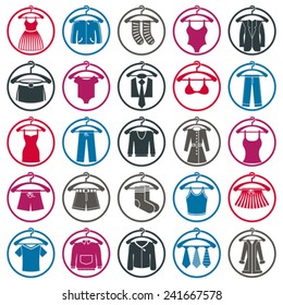 Clothes on a hangers icon set, vector collection of fashion signs.