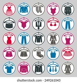 Clothes on a hangers icon set, vector collection of fashion signs.