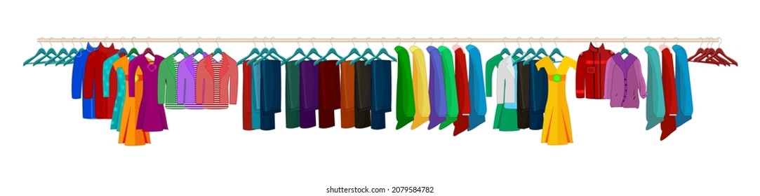 Clothes on hangers isolated on white background. Big rack
with different apparel.Advertisement border for dress shop, wear store, showroom or boutique.Colored garments on long rail.Vector illustration