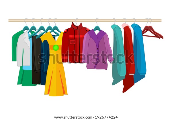 Clothes on hangers isolated on white\
background. Clothes and accessories fashion set. Seasonal sale\
concept.Clothing organization or storage.Inner space of closet or\
wardrobe.Stock vector\
illustration